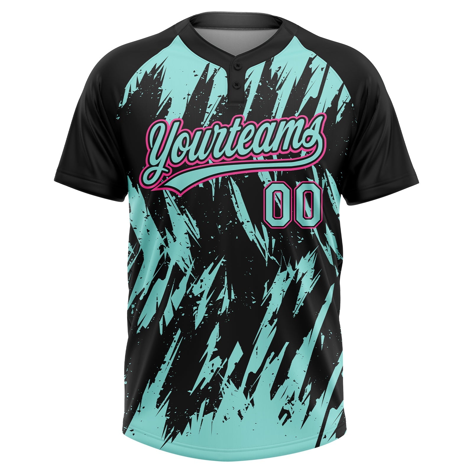 Custom Black Ice Blue-Pink Splatter Torn Sharp Brush Stroke Two-Button Unisex Softball Jersey view 2