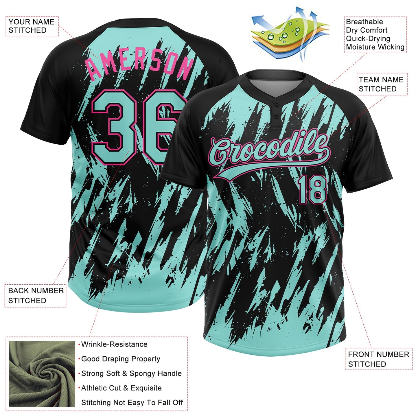 Custom Black Ice Blue-Pink Splatter Torn Sharp Brush Stroke Two-Button Unisex Softball Jersey view 3