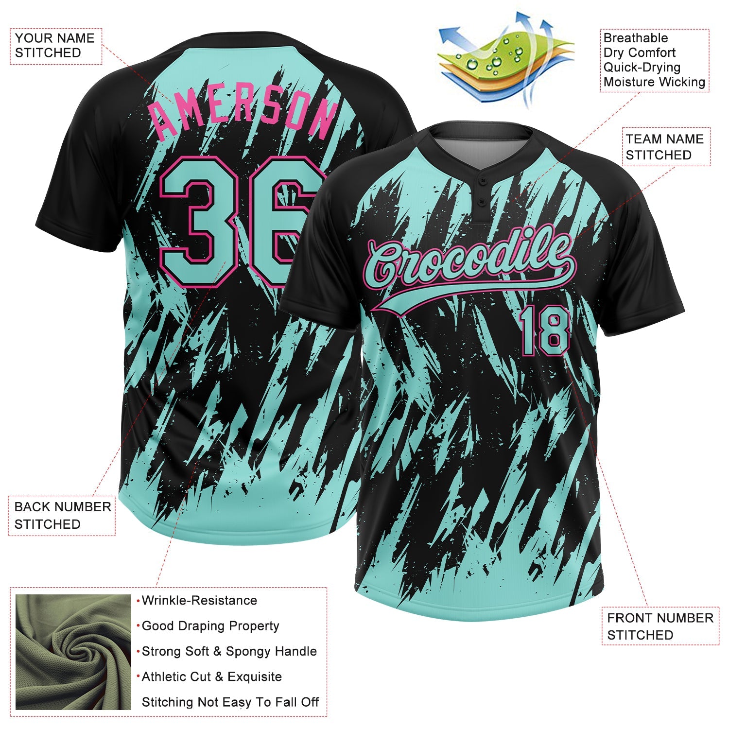 Custom Black Ice Blue-Pink Splatter Torn Sharp Brush Stroke Two-Button Unisex Softball Jersey view 3