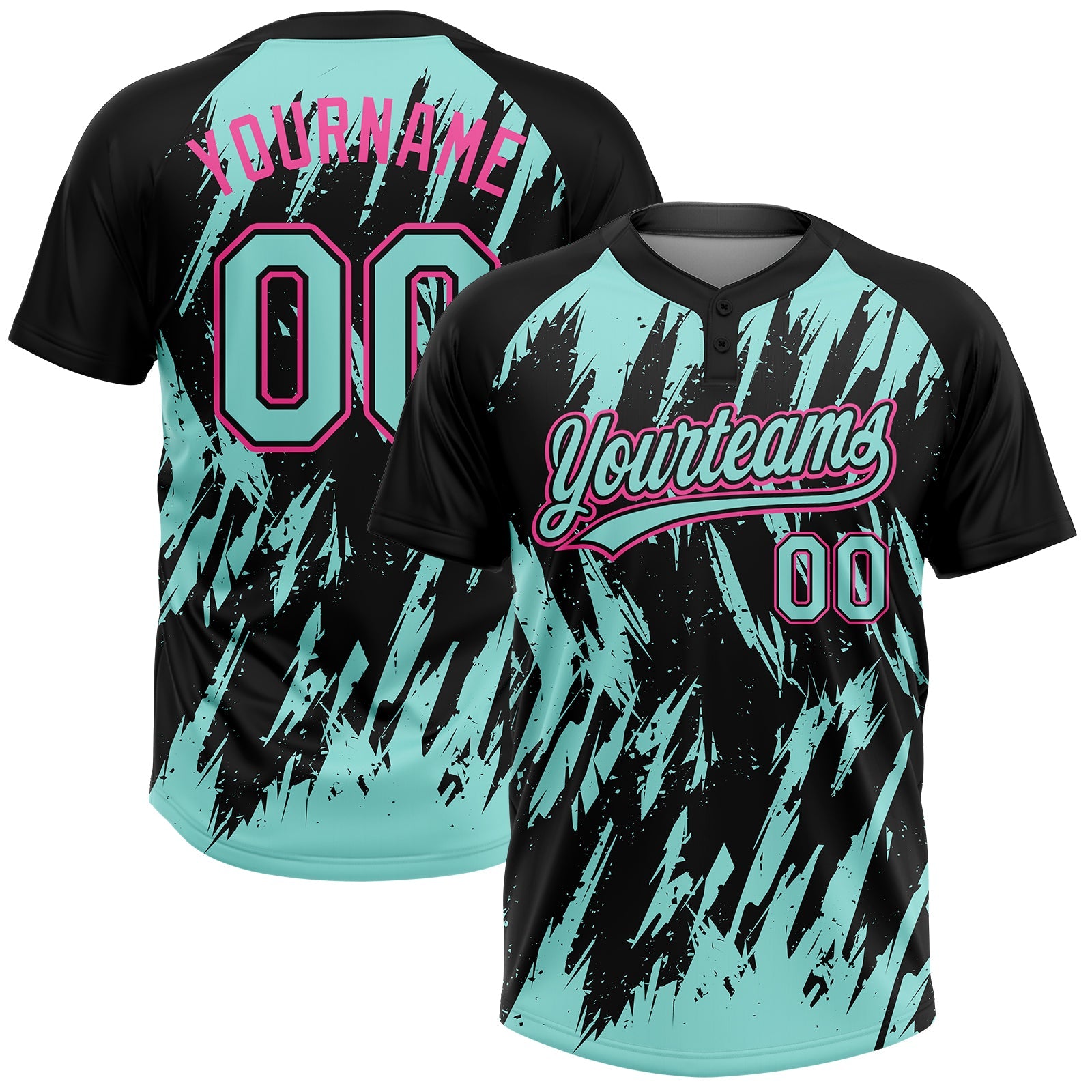 Custom Black Ice Blue-Pink Splatter Torn Sharp Brush Stroke Two-Button Unisex Softball Jersey - Main View