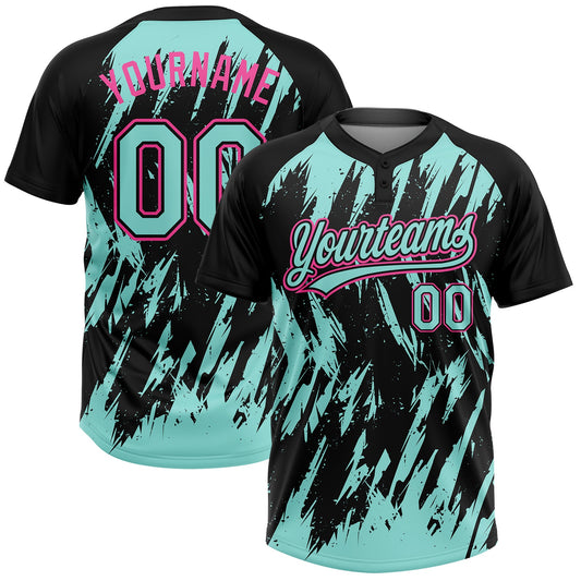 Custom Black Ice Blue-Pink Splatter Torn Sharp Brush Stroke Two-Button Unisex Softball Jersey - Main View