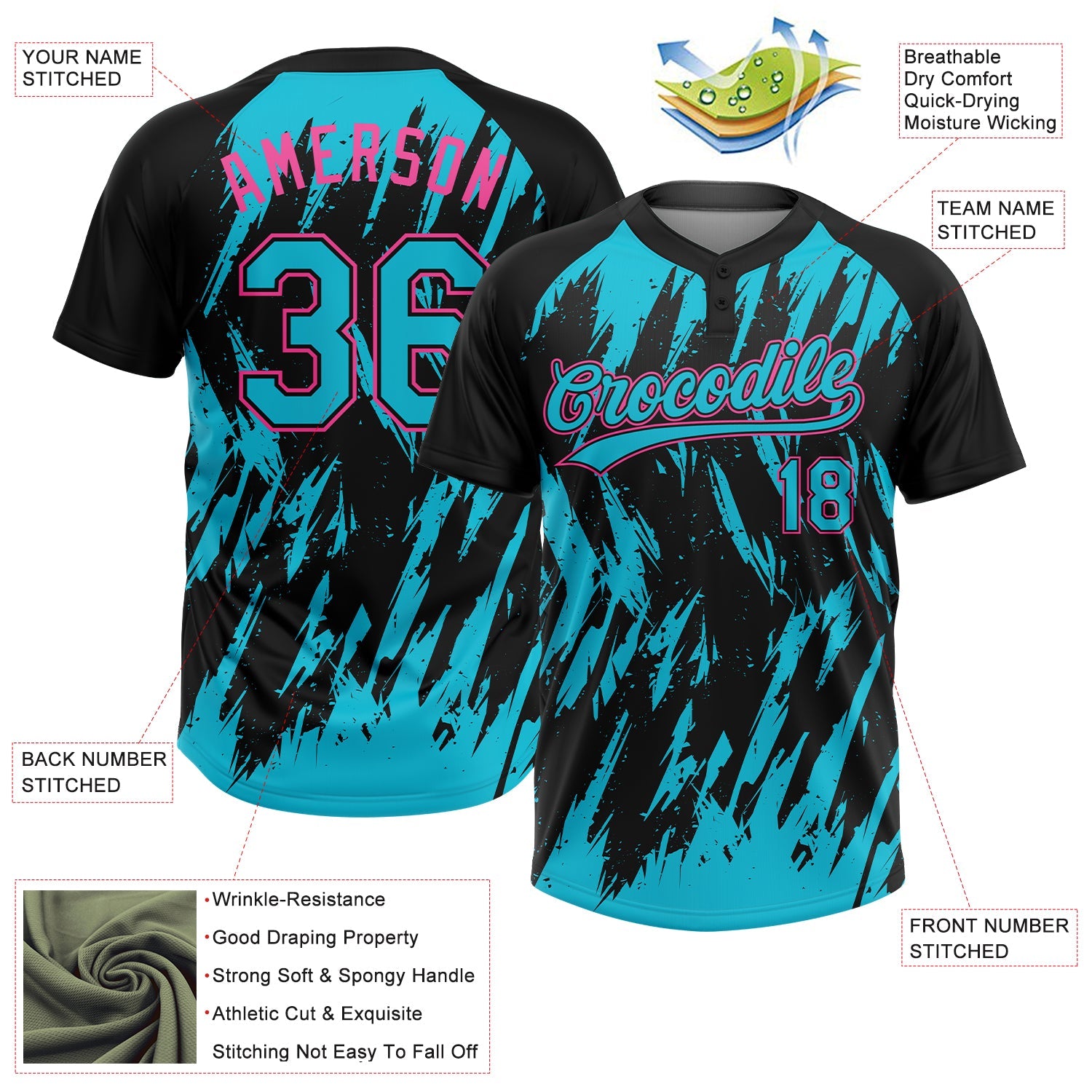 Custom Black Lakes Blue-Pink Splatter Torn Sharp Brush Stroke Two-Button Unisex Softball Jersey view 3