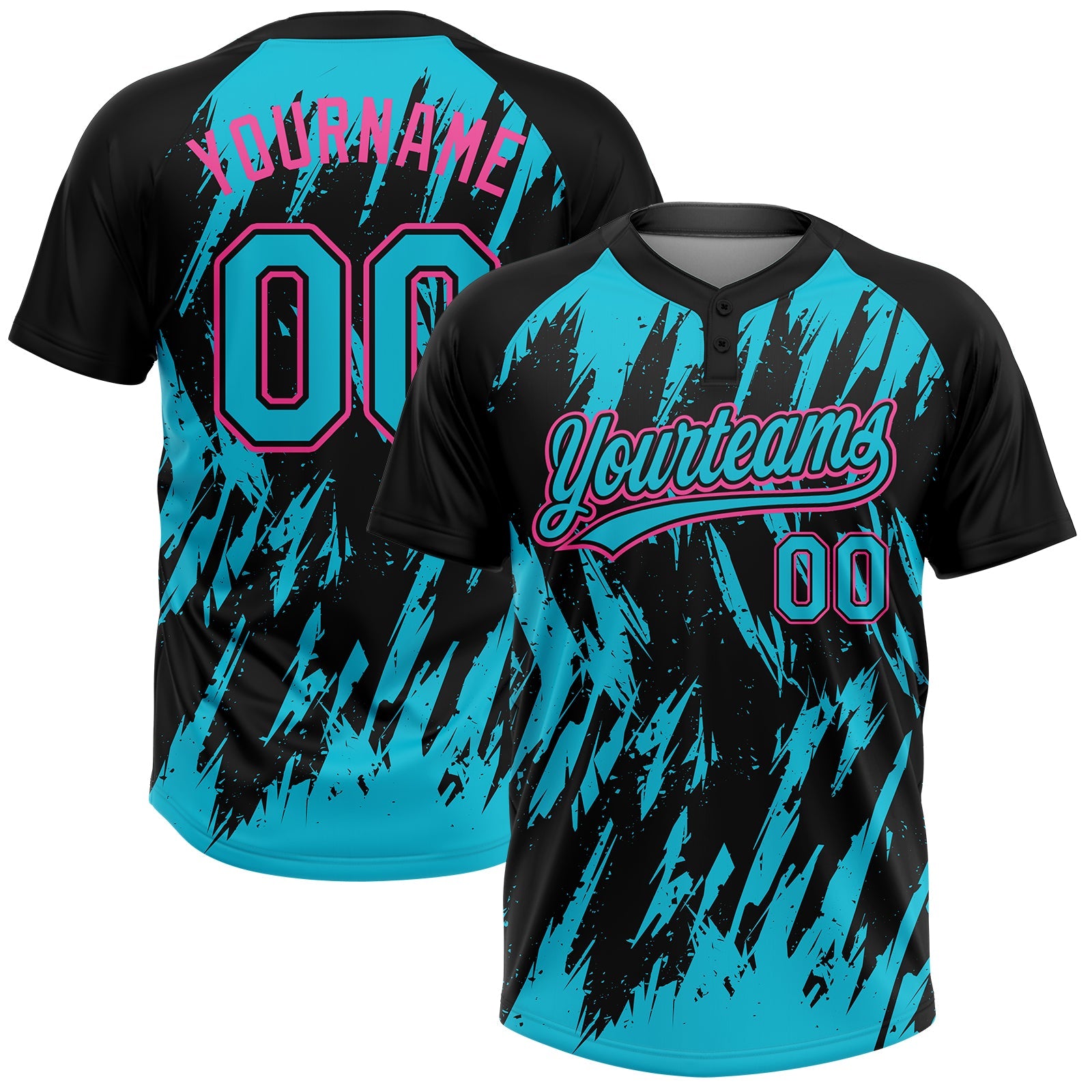 Custom Black Lakes Blue-Pink Splatter Torn Sharp Brush Stroke Two-Button Unisex Softball Jersey - Main View