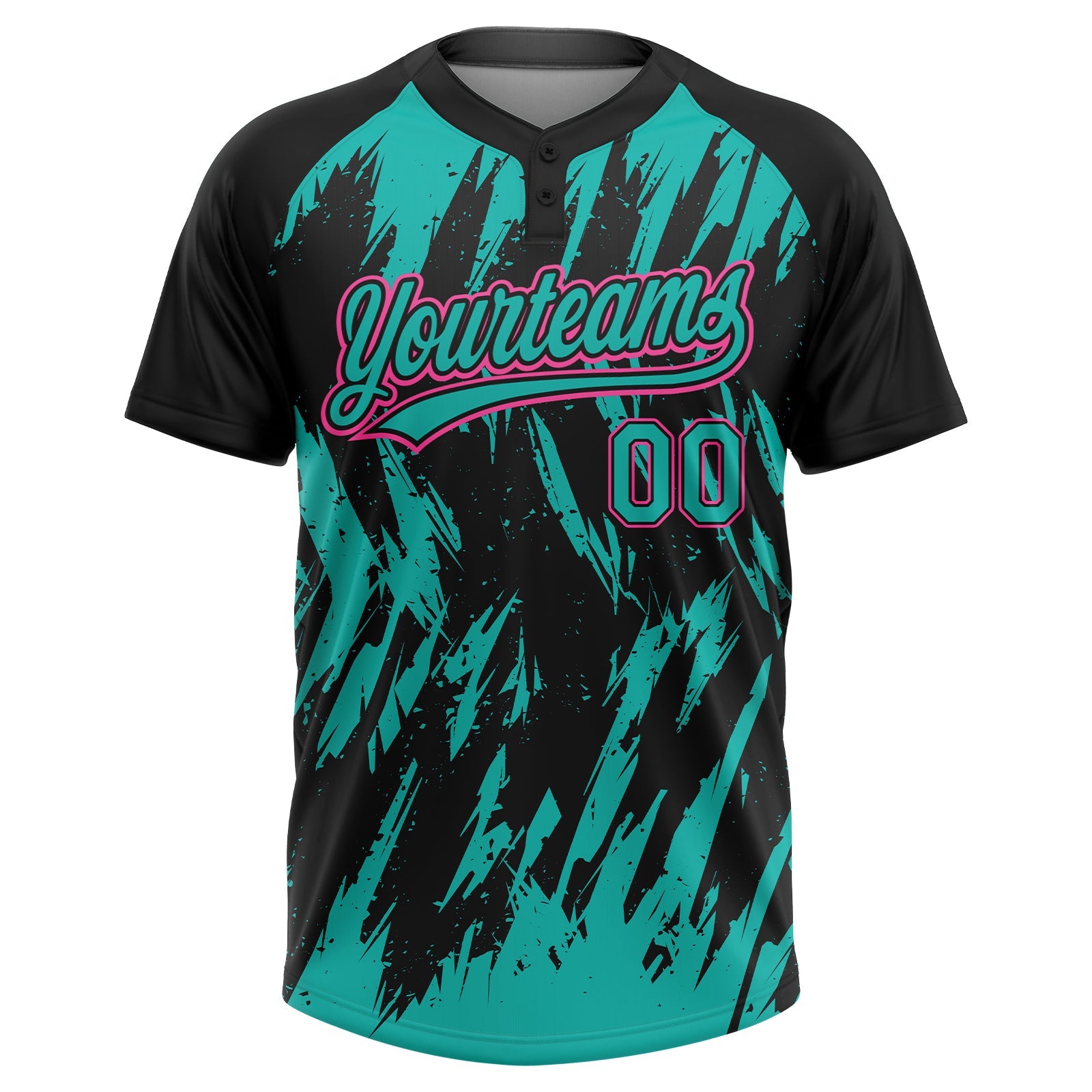 Custom Black Aqua-Pink Splatter Torn Sharp Brush Stroke Two-Button Unisex Softball Jersey view 2