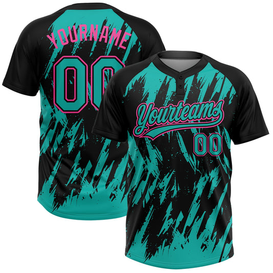 Custom Black Aqua-Pink Splatter Torn Sharp Brush Stroke Two-Button Unisex Softball Jersey - Main View