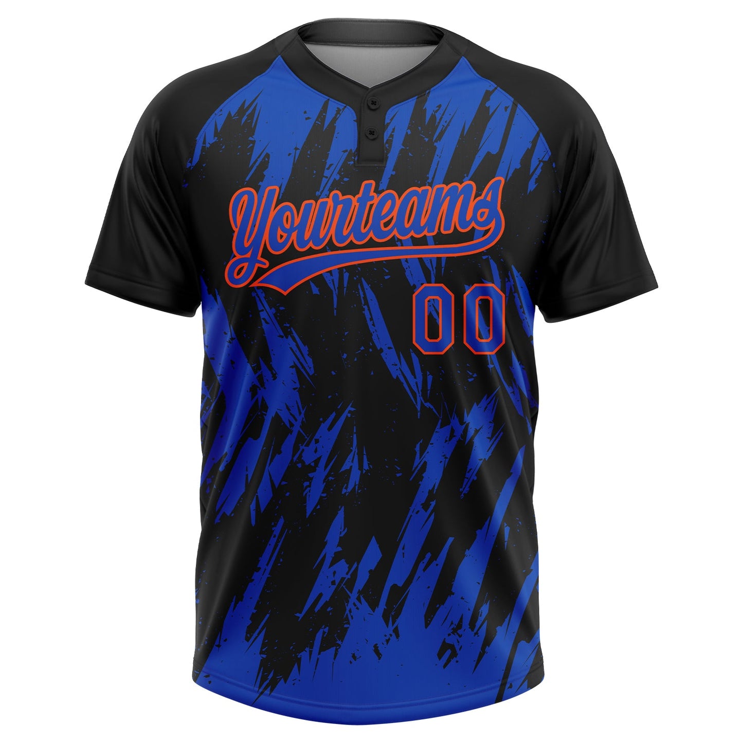 Custom Black Thunder Blue-Orange Splatter Torn Sharp Brush Stroke Two-Button Unisex Softball Jersey view 2