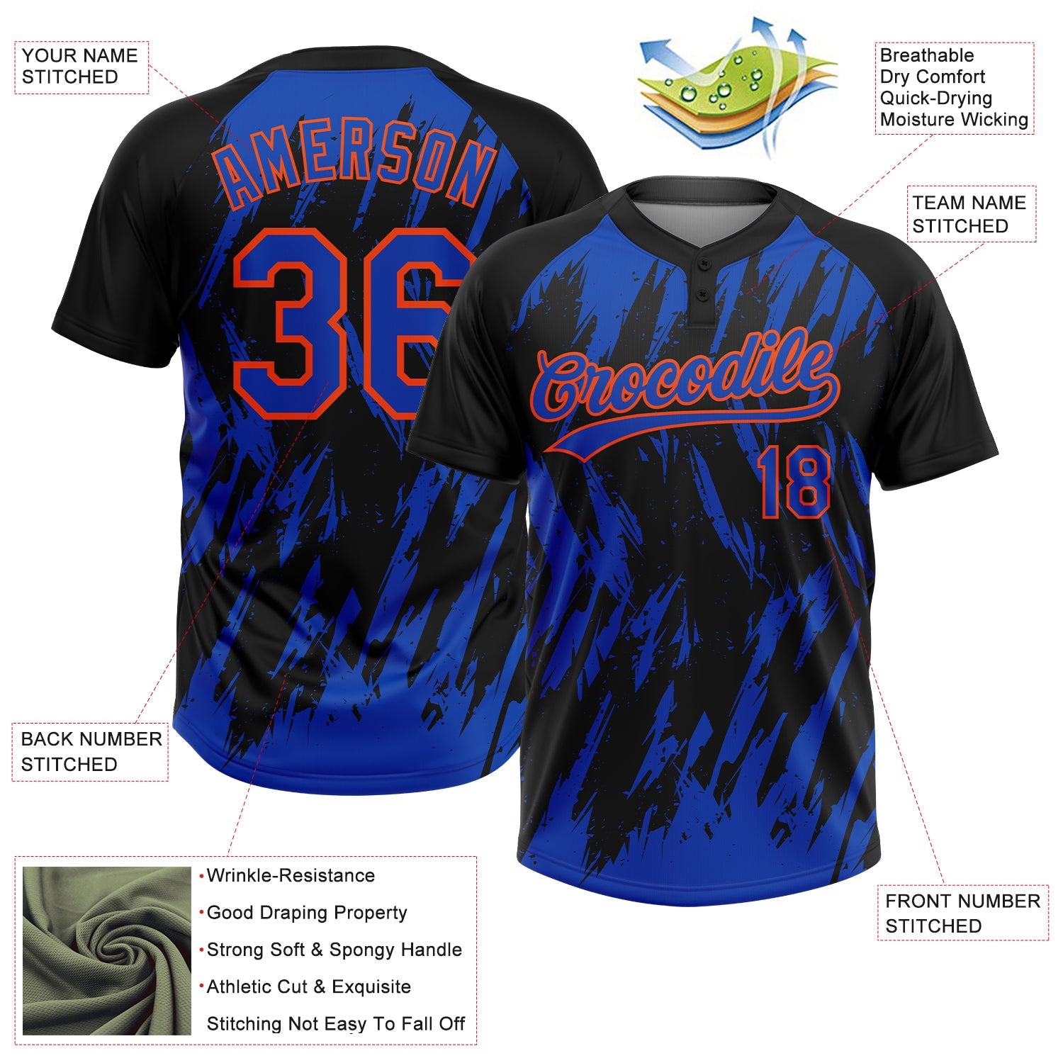 Custom Black Thunder Blue-Orange Splatter Torn Sharp Brush Stroke Two-Button Unisex Softball Jersey view 3