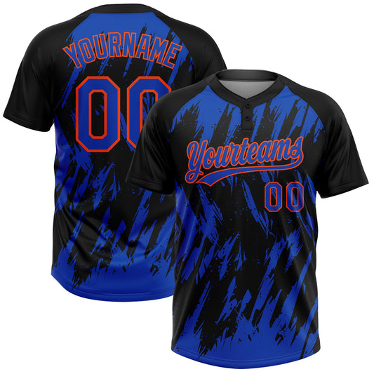Custom Black Thunder Blue-Orange Splatter Torn Sharp Brush Stroke Two-Button Unisex Softball Jersey - Main View