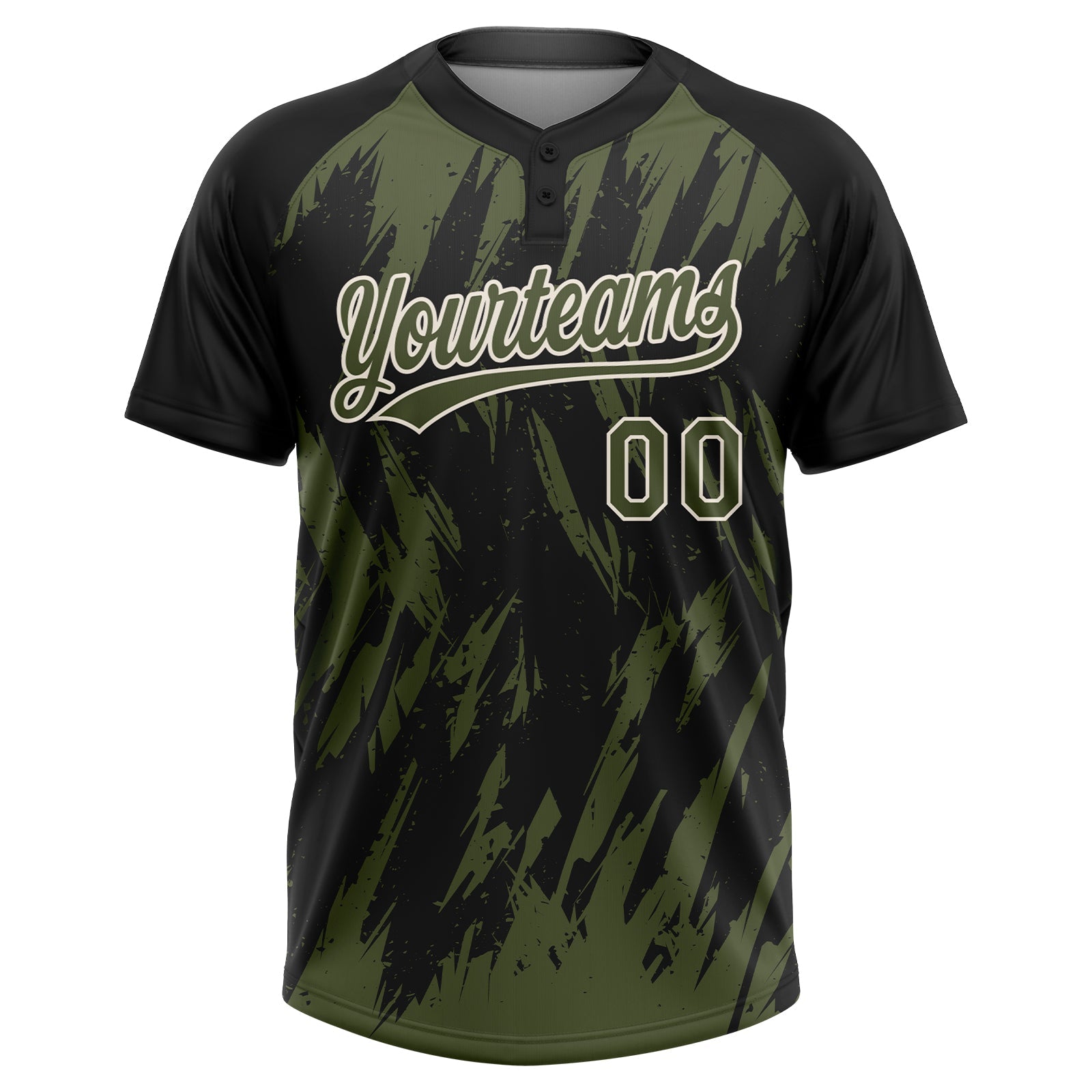 Custom Black Olive-Cream Splatter Torn Sharp Brush Stroke Two-Button Unisex Softball Jersey view 2