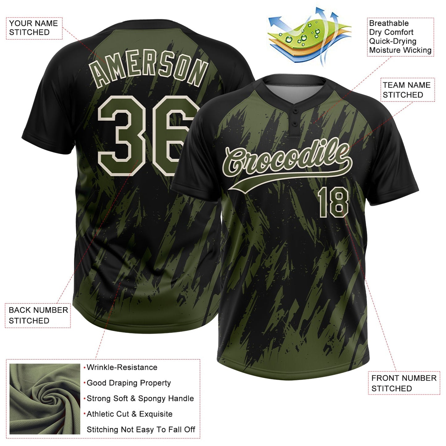 Custom Black Olive-Cream Splatter Torn Sharp Brush Stroke Two-Button Unisex Softball Jersey view 3