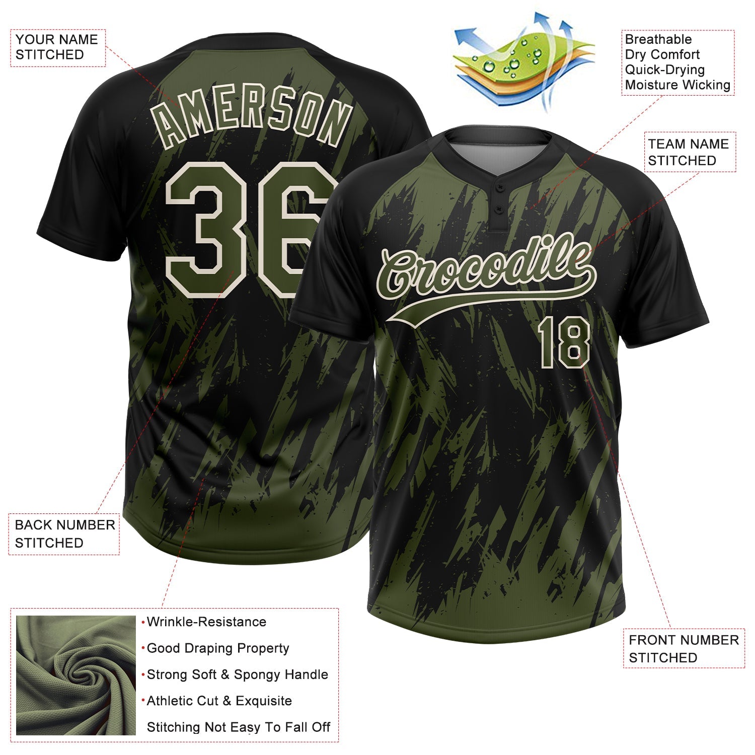 Custom Black Olive-Cream Splatter Torn Sharp Brush Stroke Two-Button Unisex Softball Jersey view 3