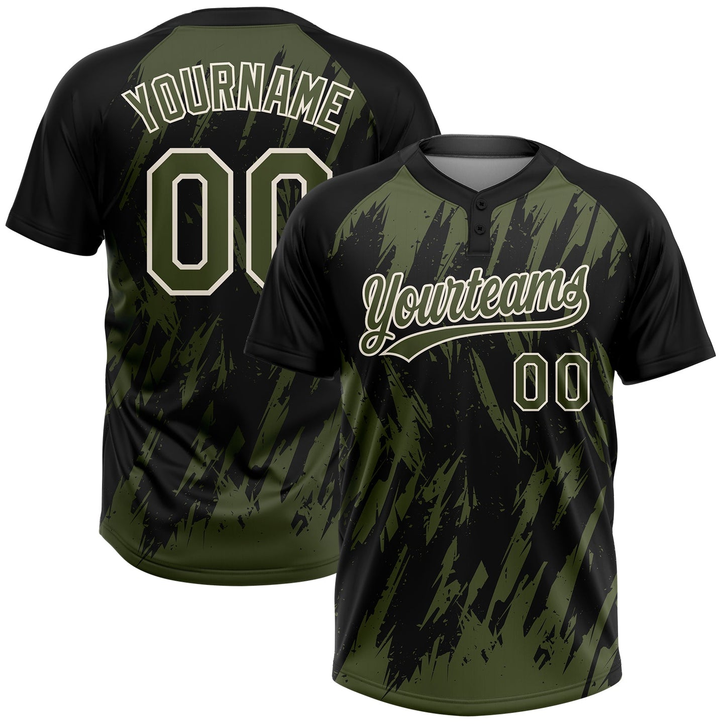 Custom Black Olive-Cream Splatter Torn Sharp Brush Stroke Two-Button Unisex Softball Jersey - Main View