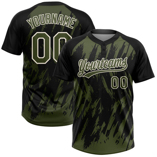 Custom Black Olive-Cream Splatter Torn Sharp Brush Stroke Two-Button Unisex Softball Jersey - Main View