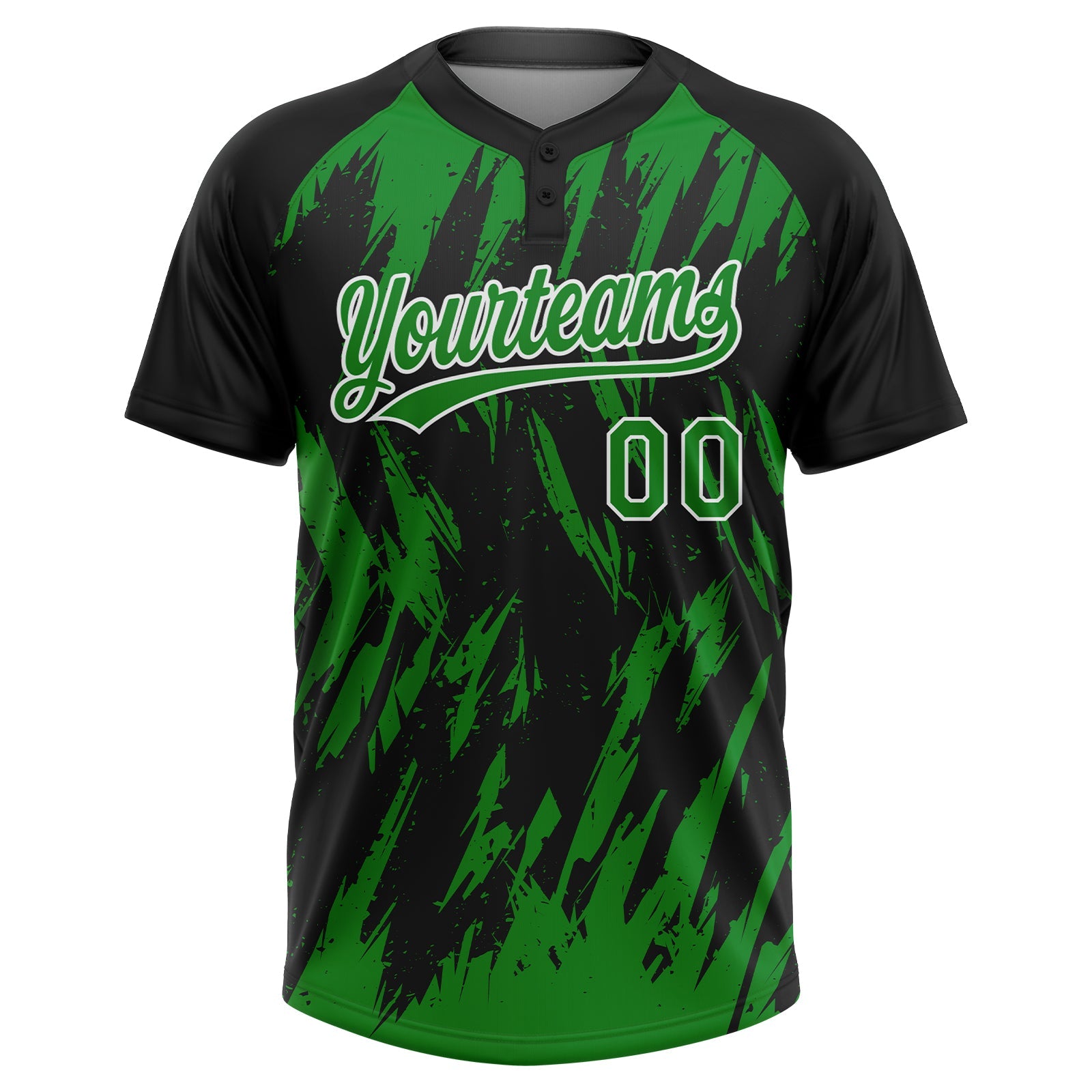 Custom Black Grass Green-White Splatter Torn Sharp Brush Stroke Two-Button Unisex Softball Jersey view 2