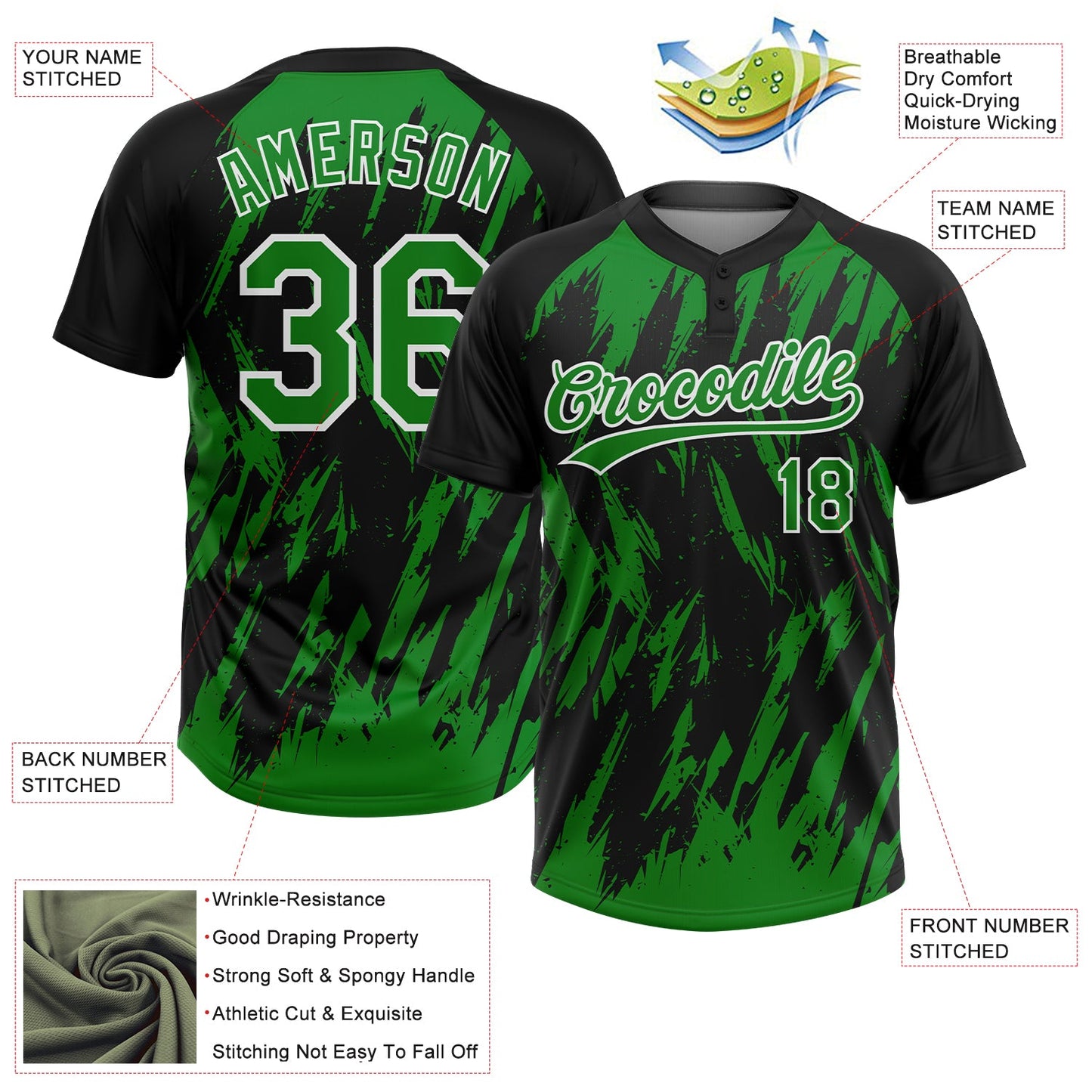 Custom Black Grass Green-White Splatter Torn Sharp Brush Stroke Two-Button Unisex Softball Jersey view 3