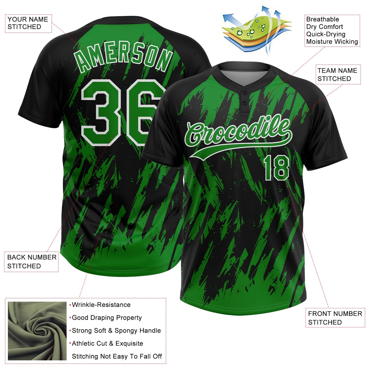 Custom Black Grass Green-White Splatter Torn Sharp Brush Stroke Two-Button Unisex Softball Jersey view 3