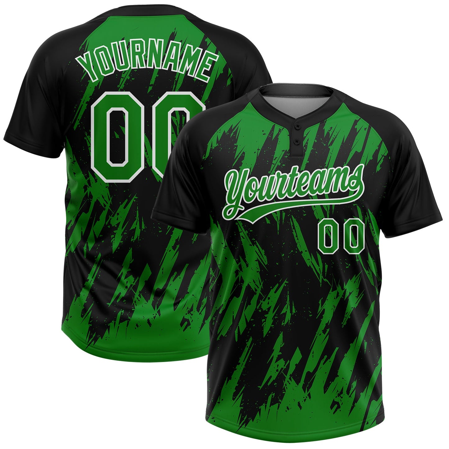 Custom Black Grass Green-White Splatter Torn Sharp Brush Stroke Two-Button Unisex Softball Jersey - Main View