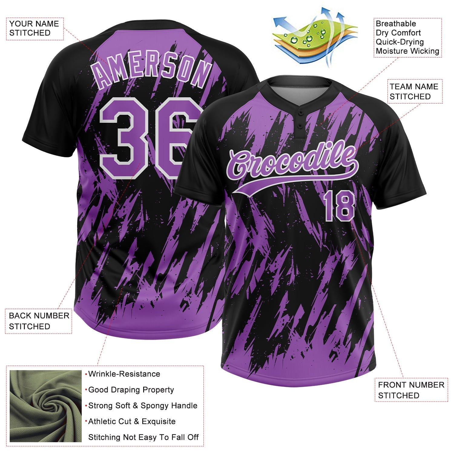 Custom Black Medium Purple-White Splatter Torn Sharp Brush Stroke Two-Button Unisex Softball Jersey view 3