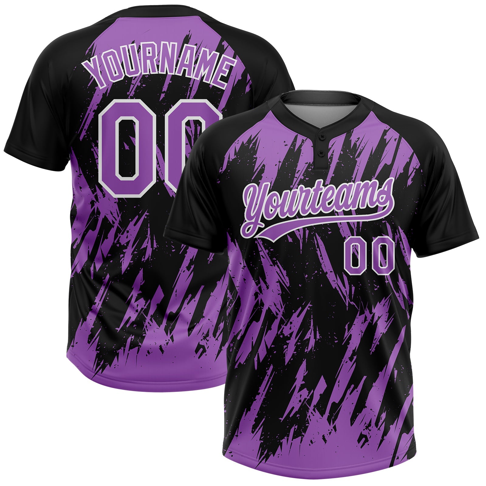 Custom Black Medium Purple-White Splatter Torn Sharp Brush Stroke Two-Button Unisex Softball Jersey - Main View