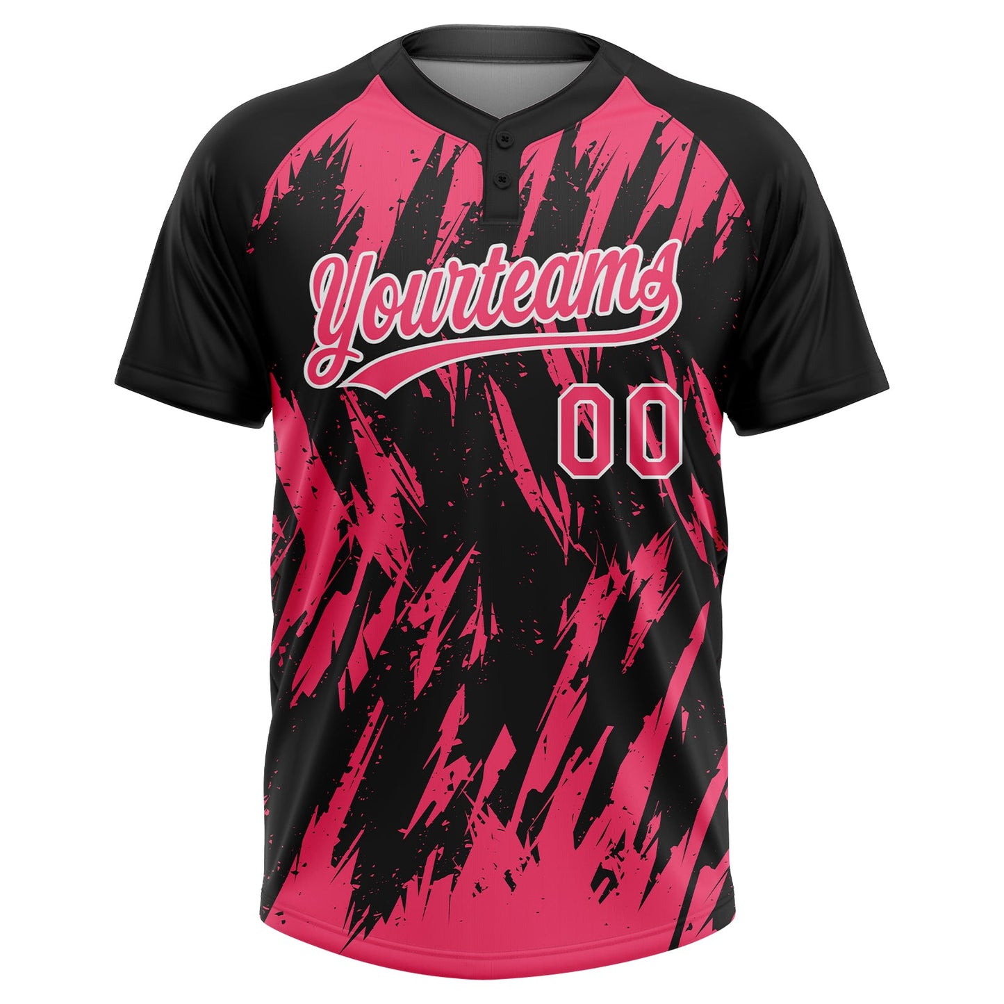 Custom Black Neon Pink-White Splatter Torn Sharp Brush Stroke Two-Button Unisex Softball Jersey view 2