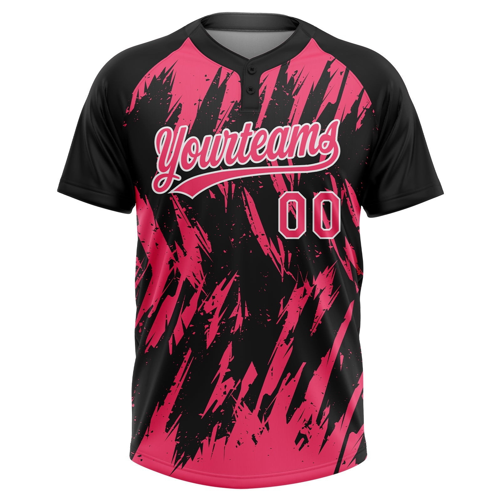 Custom Black Neon Pink-White Splatter Torn Sharp Brush Stroke Two-Button Unisex Softball Jersey view 2