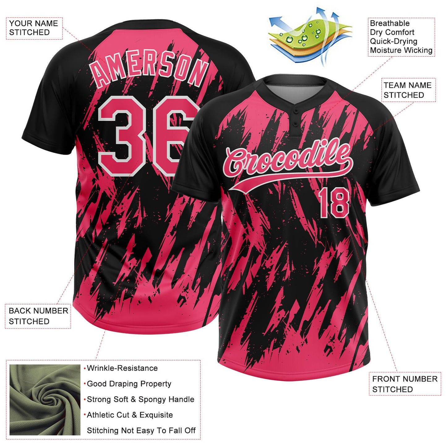 Custom Black Neon Pink-White Splatter Torn Sharp Brush Stroke Two-Button Unisex Softball Jersey view 3