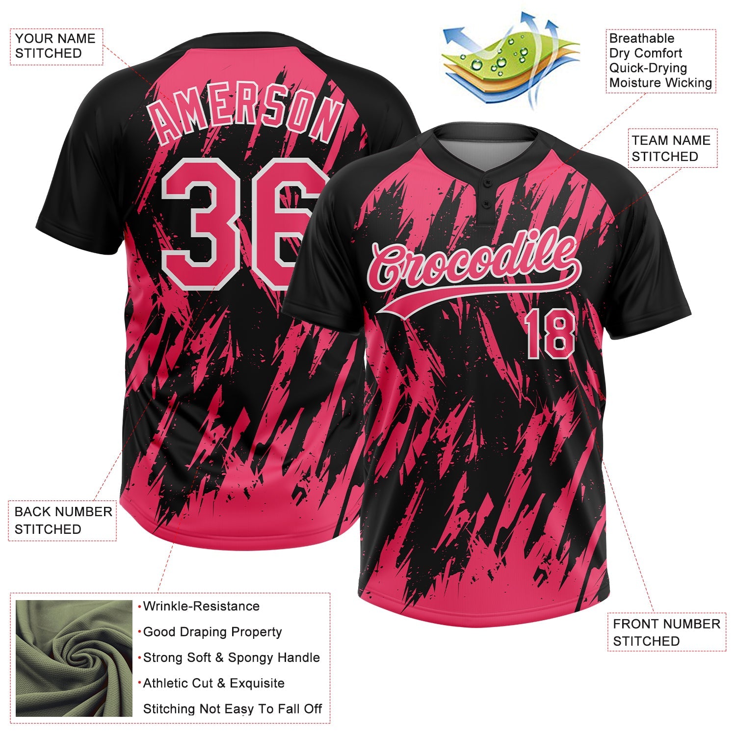 Custom Black Neon Pink-White Splatter Torn Sharp Brush Stroke Two-Button Unisex Softball Jersey view 3