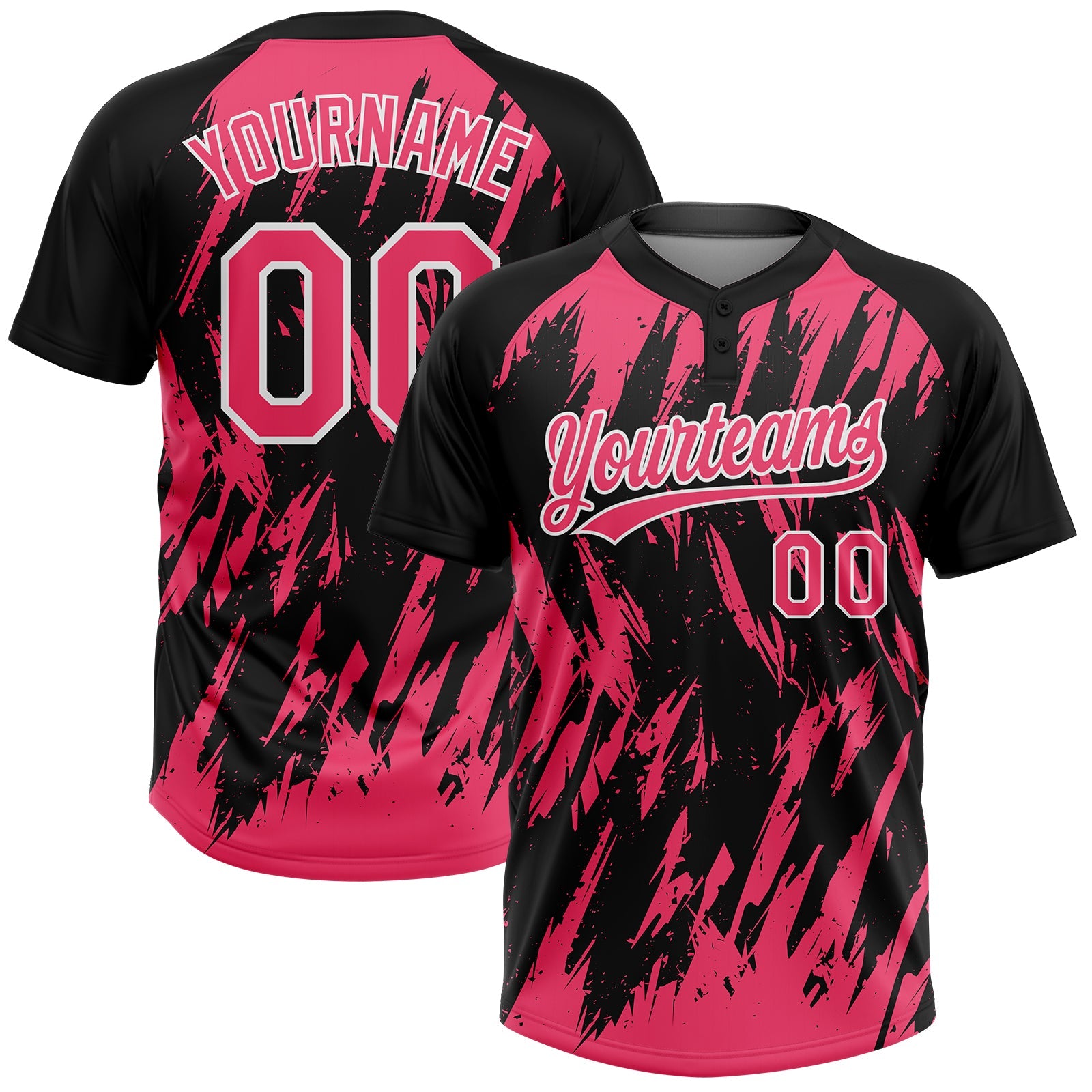 Custom Black Neon Pink-White Splatter Torn Sharp Brush Stroke Two-Button Unisex Softball Jersey - Main View