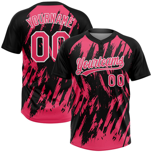 Custom Black Neon Pink-White Splatter Torn Sharp Brush Stroke Two-Button Unisex Softball Jersey - Main View