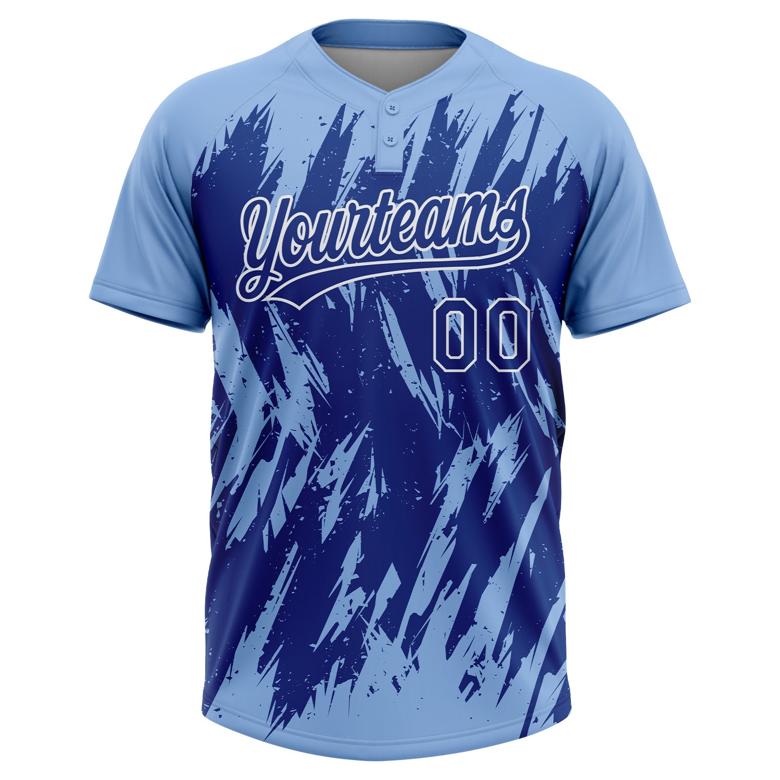 Custom Light Blue Royal-White Splatter Torn Sharp Brush Stroke Two-Button Unisex Softball Jersey view 2