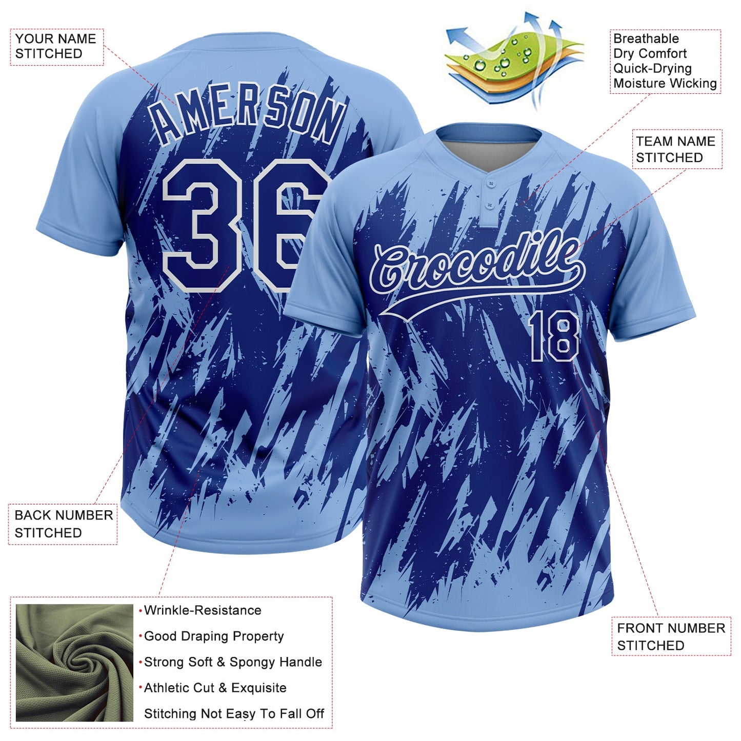 Custom Light Blue Royal-White Splatter Torn Sharp Brush Stroke Two-Button Unisex Softball Jersey view 3