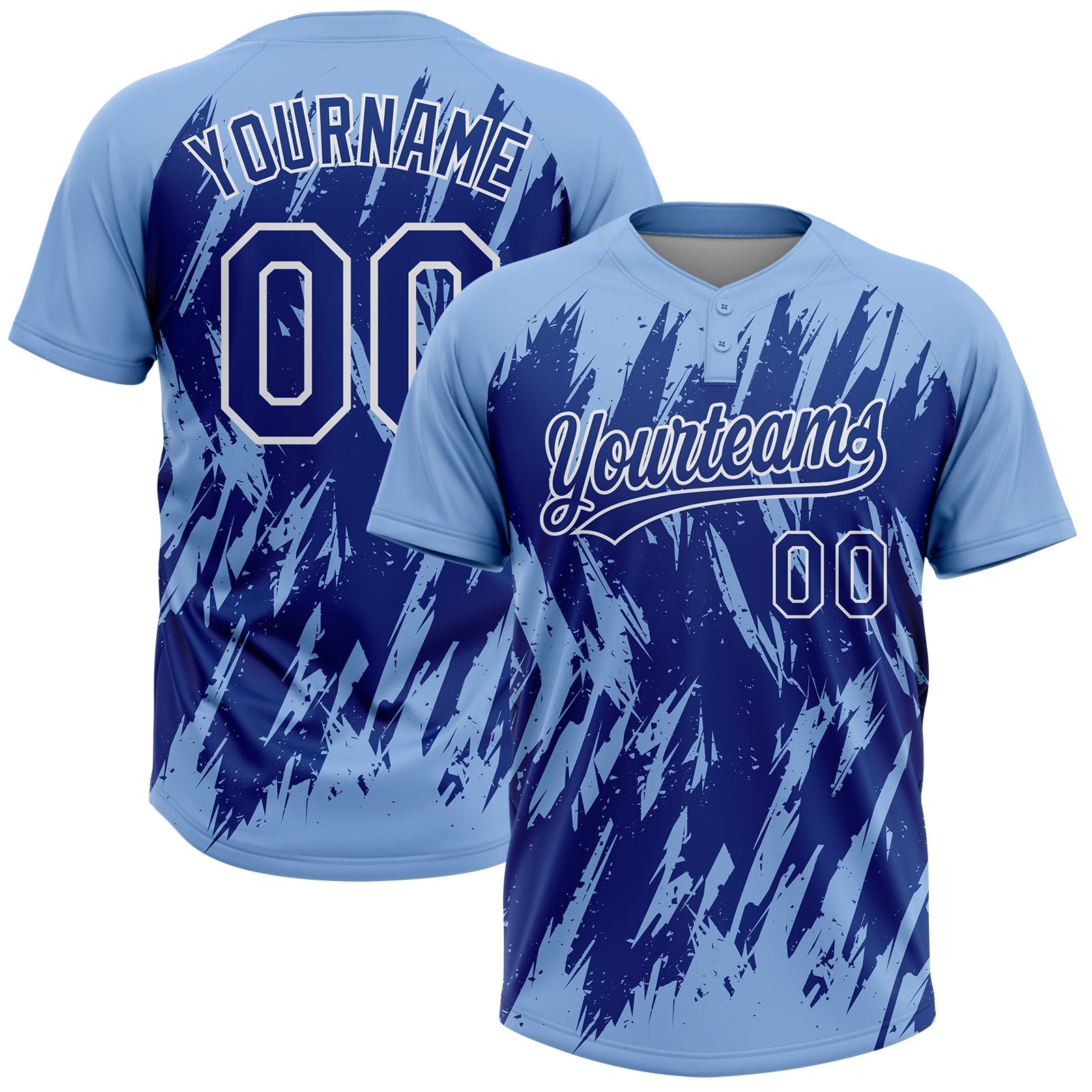 Custom Light Blue Royal-White Splatter Torn Sharp Brush Stroke Two-Button Unisex Softball Jersey - Main View