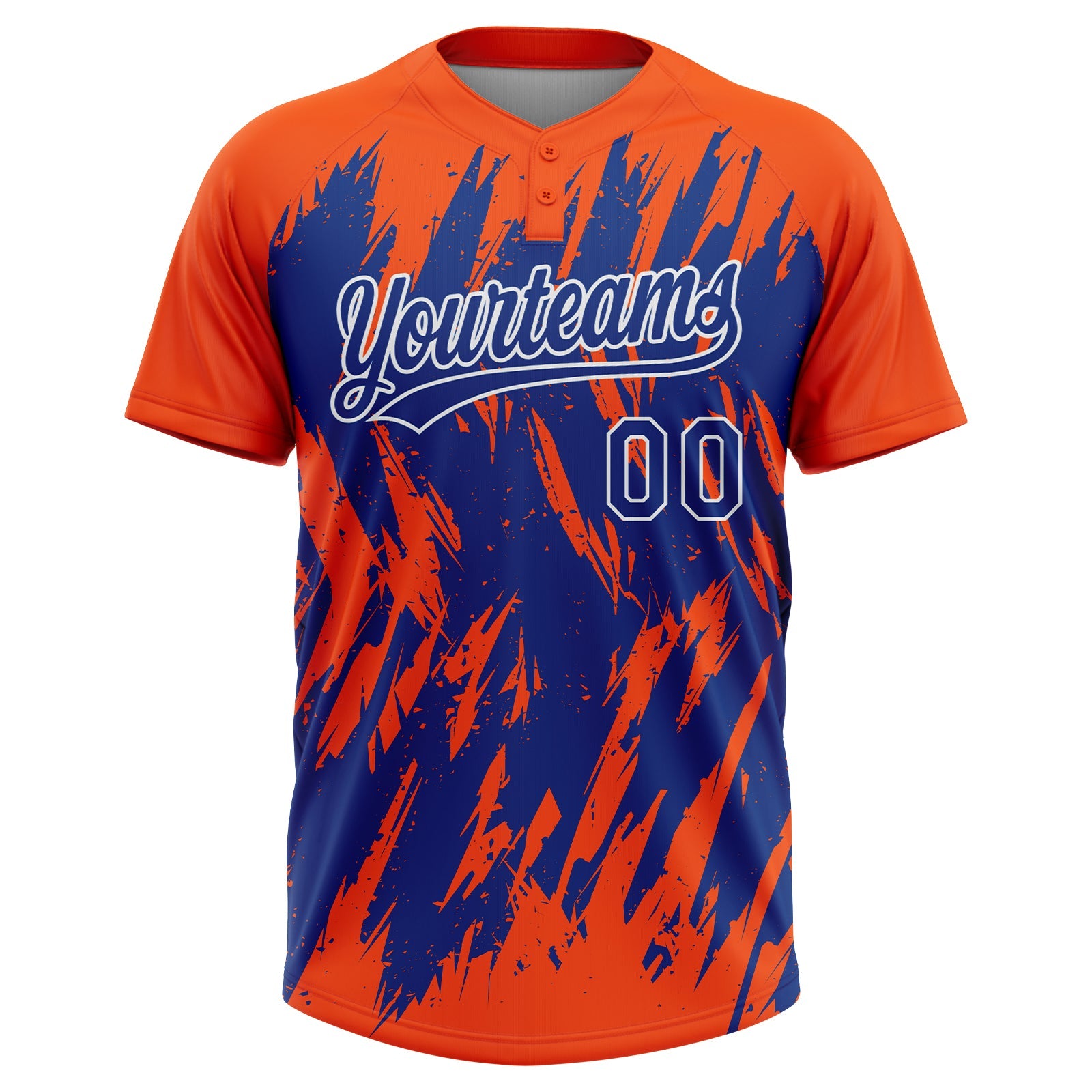 Custom Orange Royal-White Splatter Torn Sharp Brush Stroke Two-Button Unisex Softball Jersey view 2