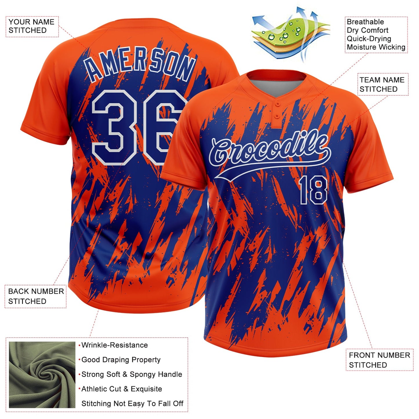 Custom Orange Royal-White Splatter Torn Sharp Brush Stroke Two-Button Unisex Softball Jersey view 3