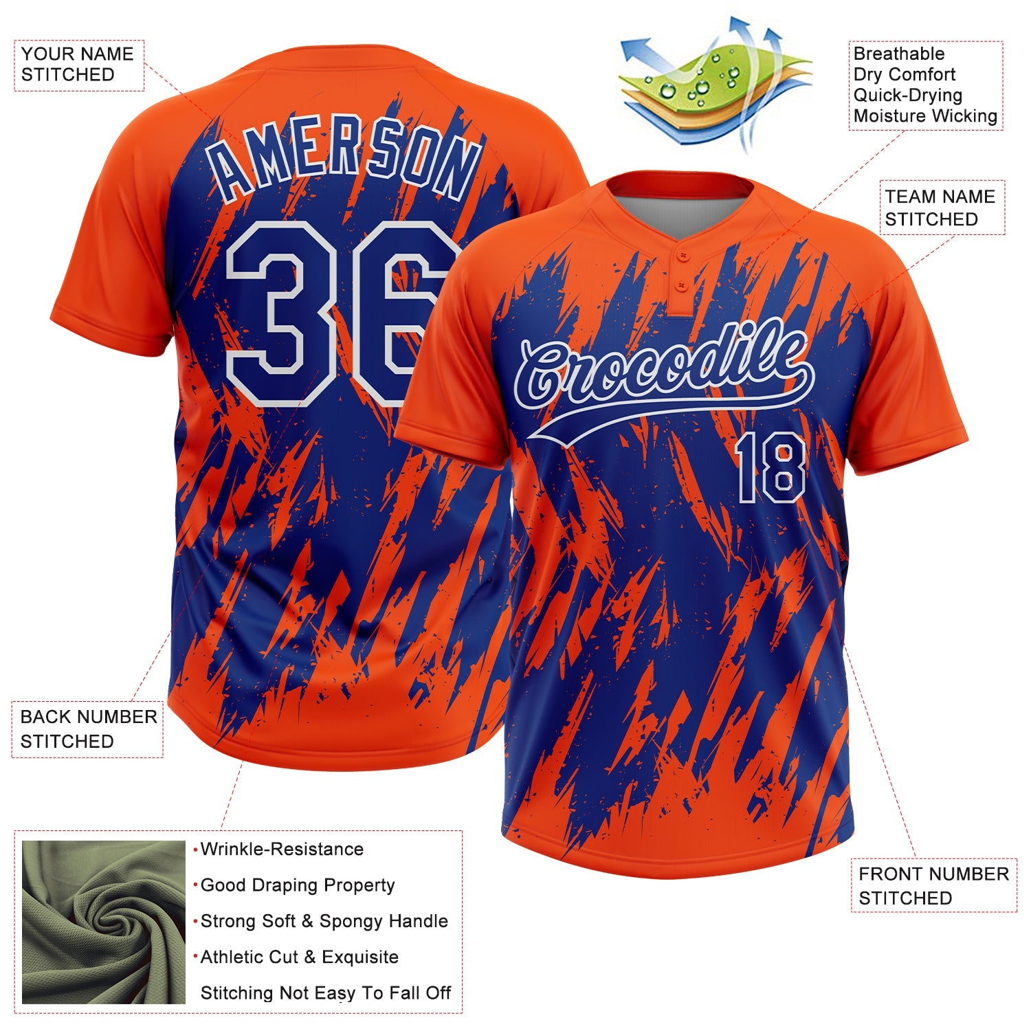Custom Orange Royal-White Splatter Torn Sharp Brush Stroke Two-Button Unisex Softball Jersey view 3