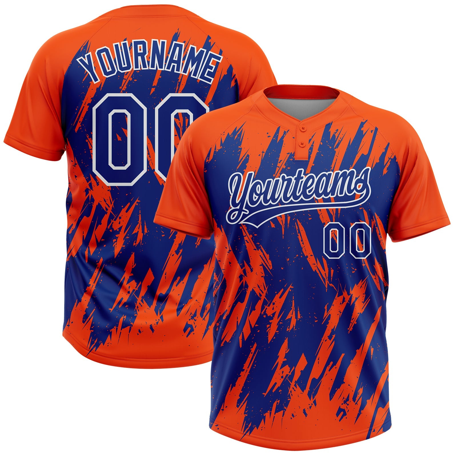 Custom Orange Royal-White Splatter Torn Sharp Brush Stroke Two-Button Unisex Softball Jersey - Main View