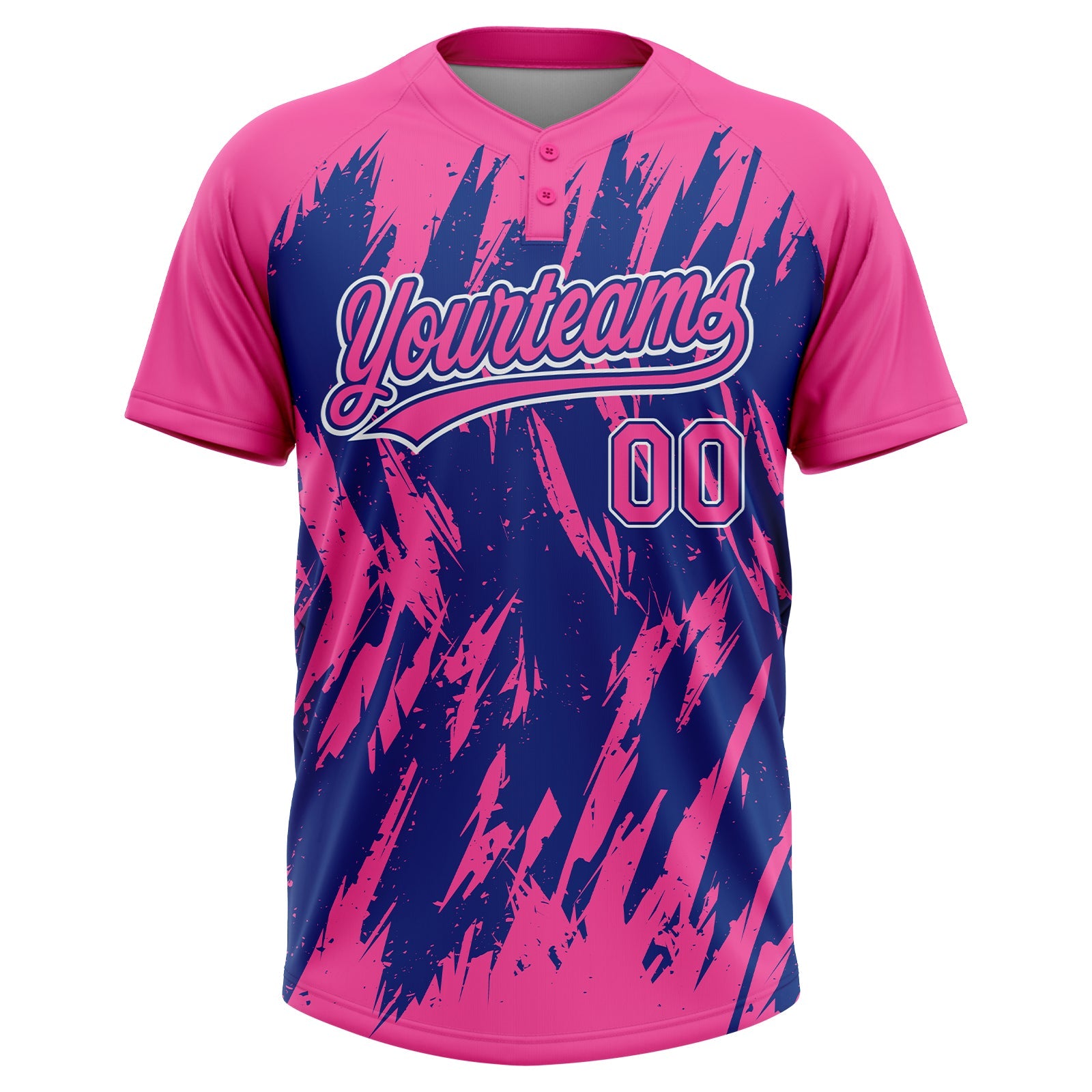 Custom Pink Royal-White Splatter Torn Sharp Brush Stroke Two-Button Unisex Softball Jersey view 2