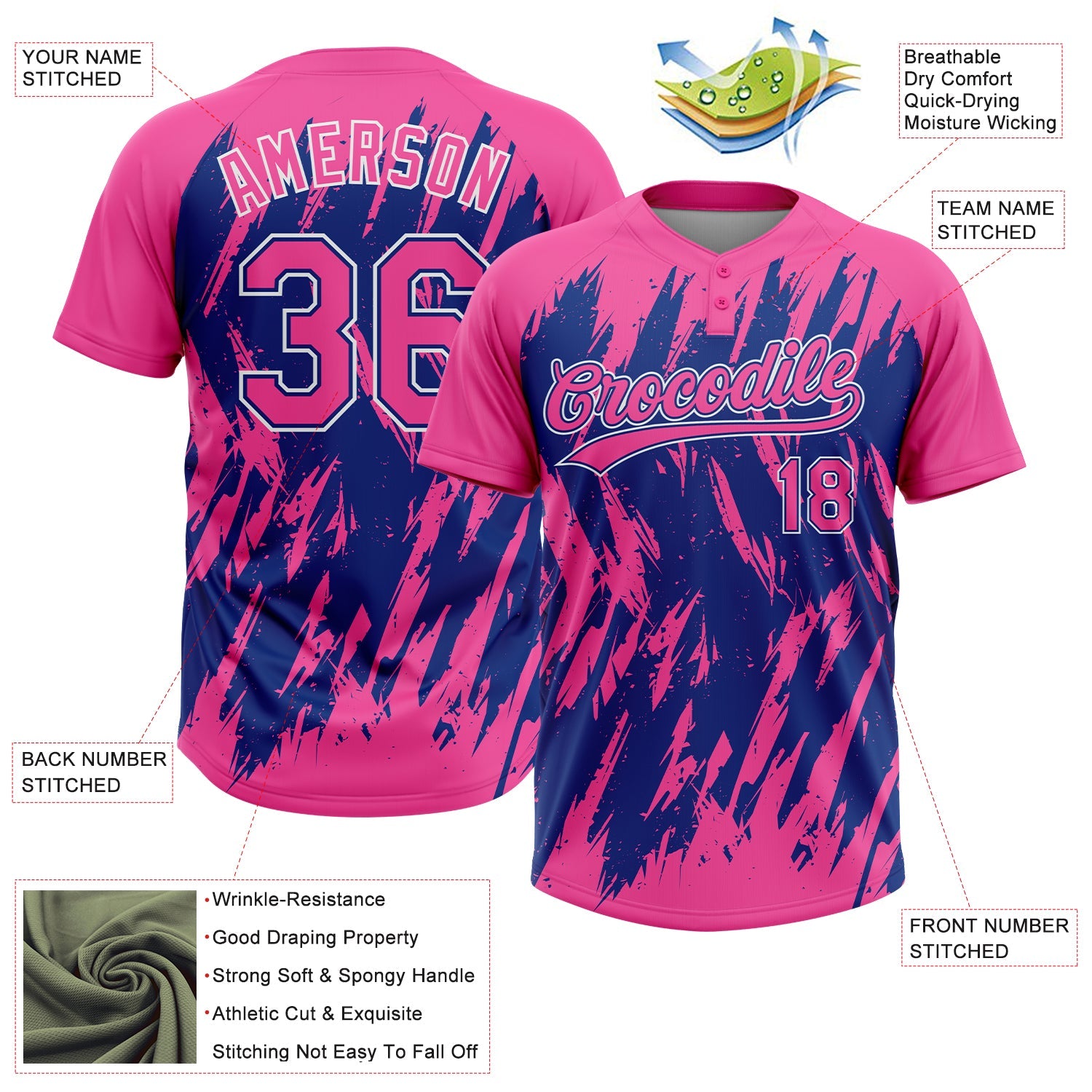 Custom Pink Royal-White Splatter Torn Sharp Brush Stroke Two-Button Unisex Softball Jersey view 3