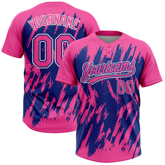 Custom Pink Royal-White Splatter Torn Sharp Brush Stroke Two-Button Unisex Softball Jersey - Main View