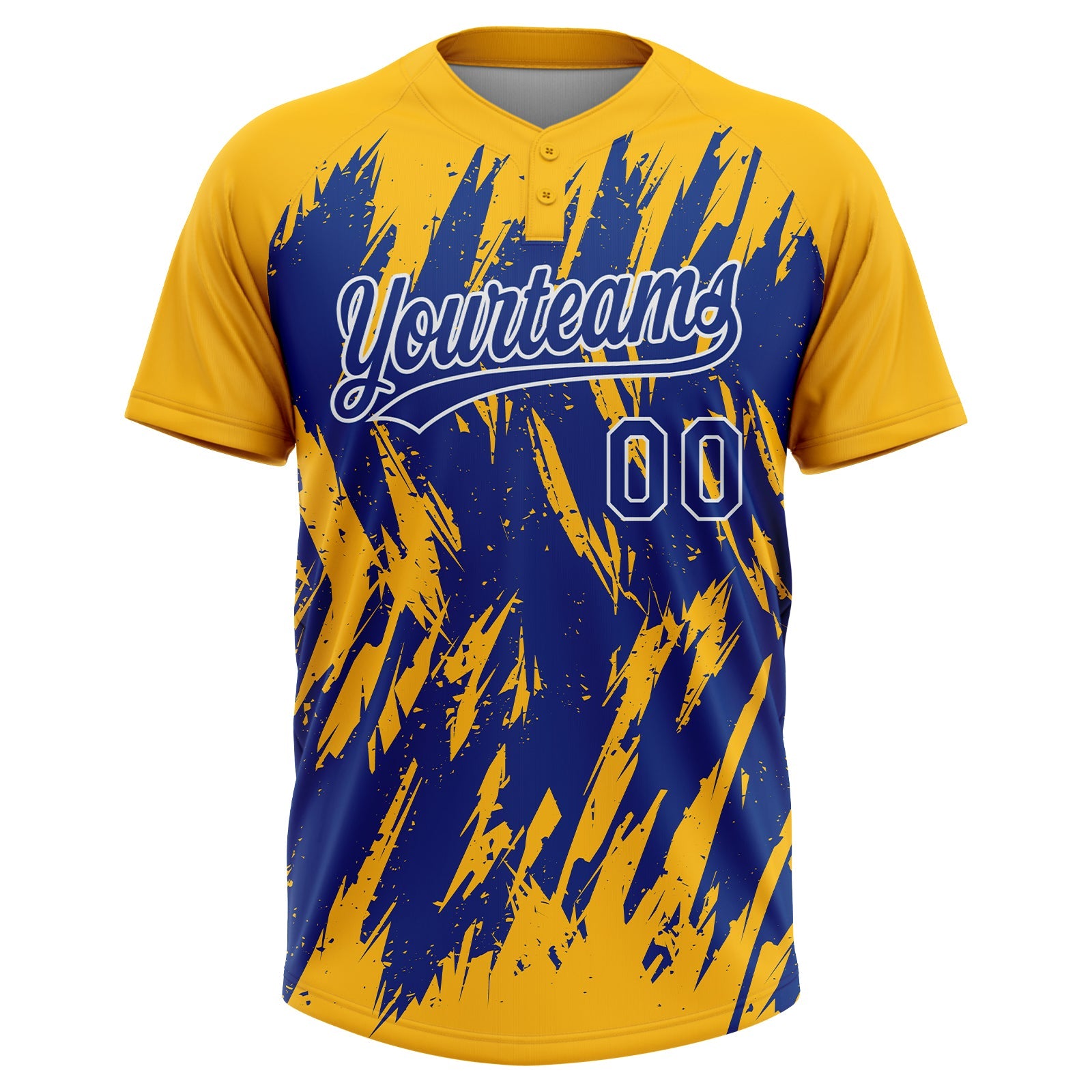 Custom Gold Royal-White Splatter Torn Sharp Brush Stroke Two-Button Unisex Softball Jersey view 2