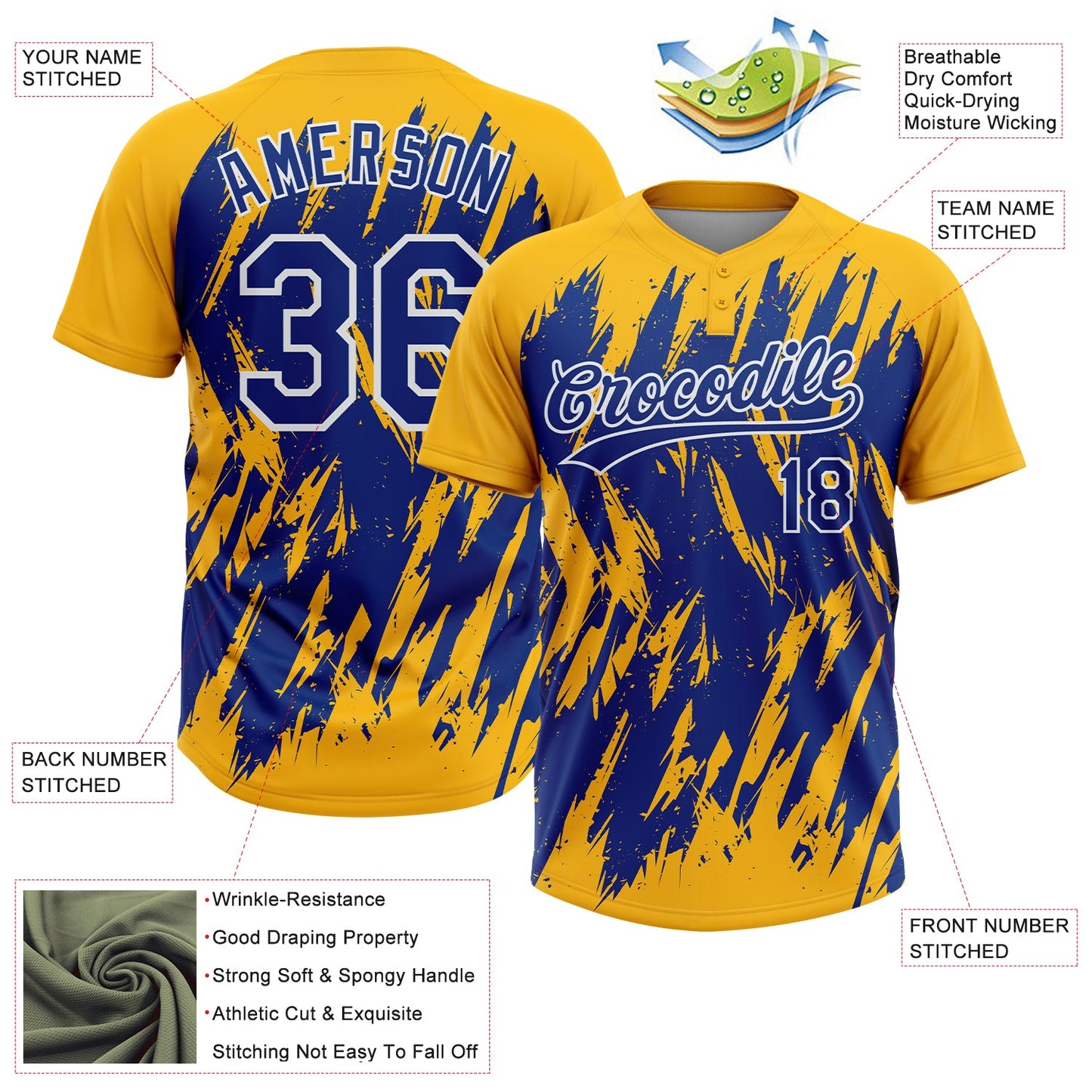 Custom Gold Royal-White Splatter Torn Sharp Brush Stroke Two-Button Unisex Softball Jersey view 3