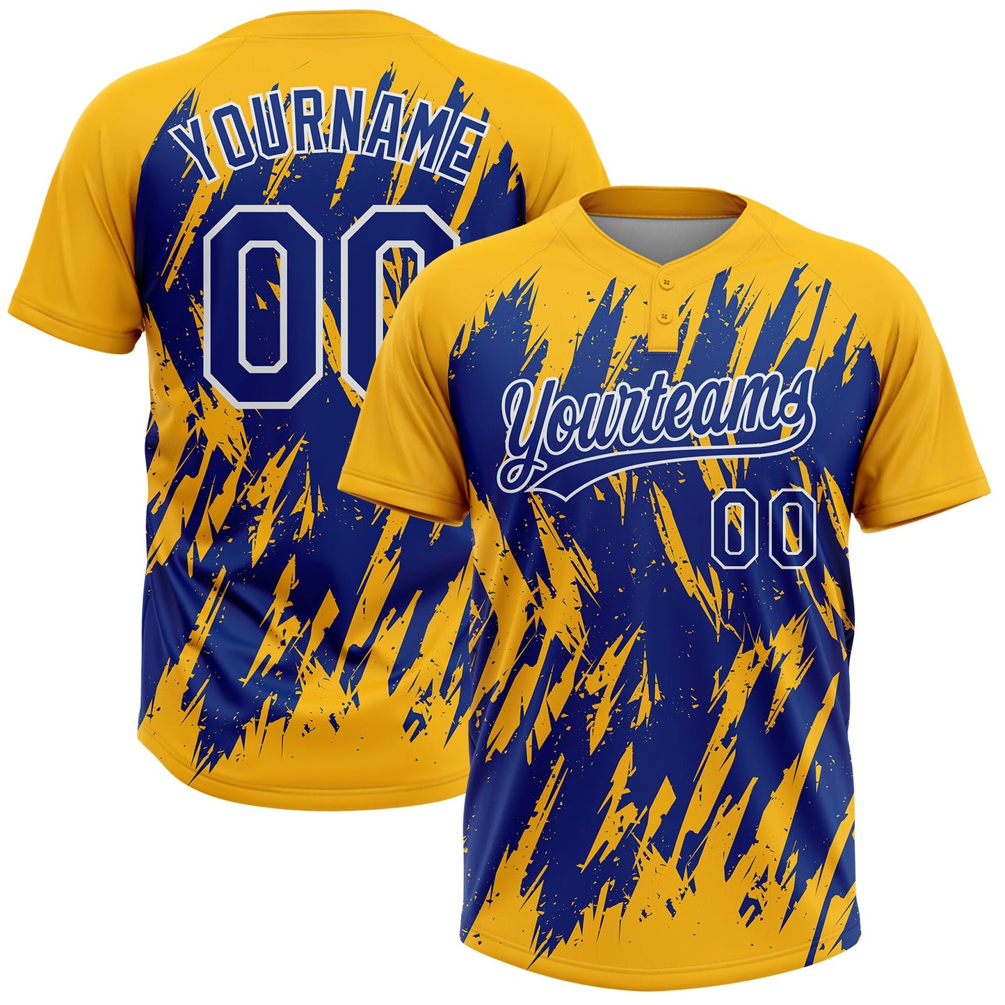 Custom Gold Royal-White Splatter Torn Sharp Brush Stroke Two-Button Unisex Softball Jersey - Main View