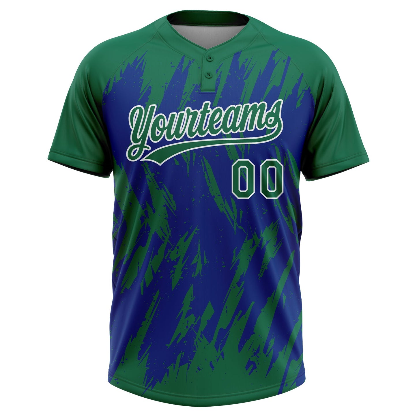 Custom Kelly Green Royal-White Splatter Torn Sharp Brush Stroke Two-Button Unisex Softball Jersey view 2