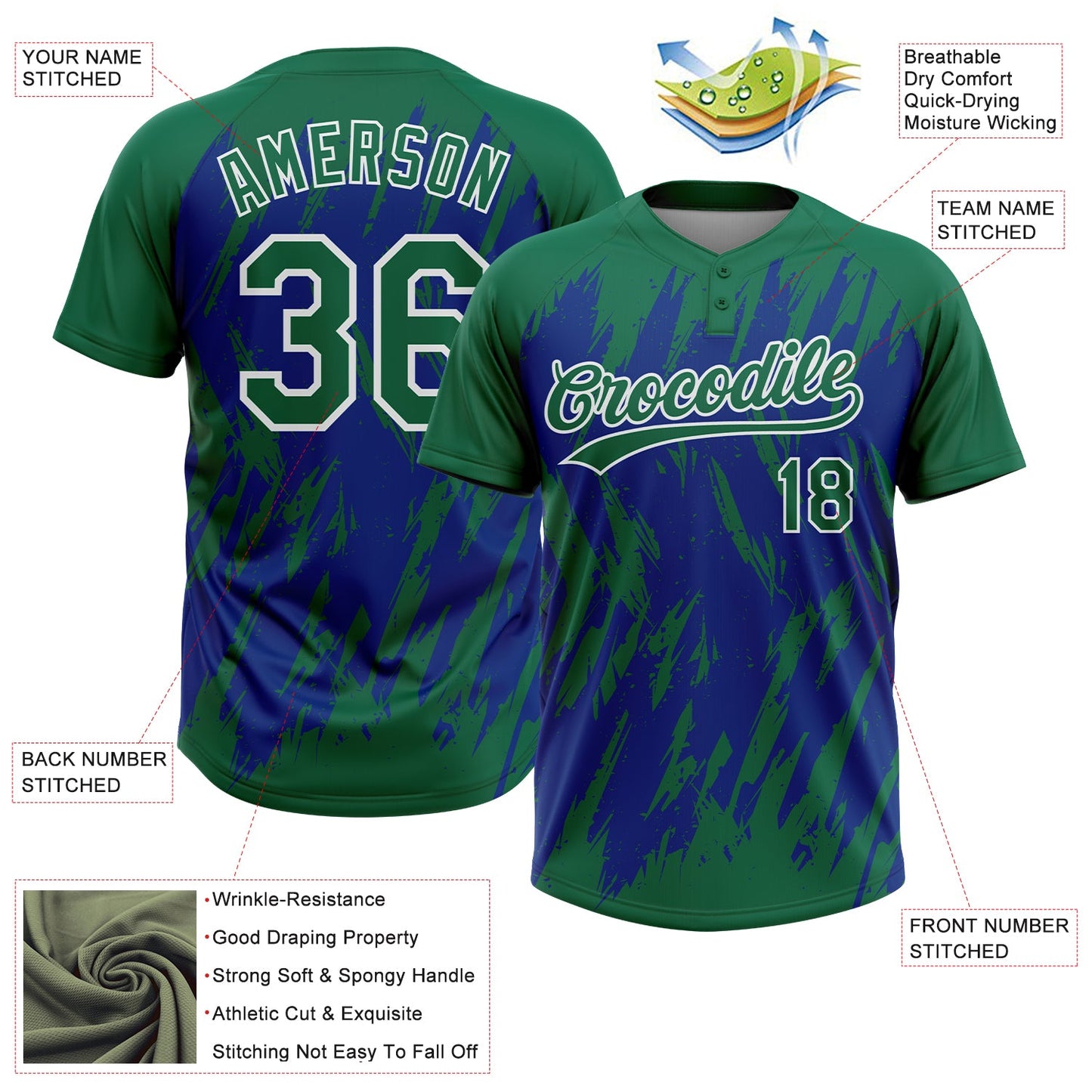 Custom Kelly Green Royal-White Splatter Torn Sharp Brush Stroke Two-Button Unisex Softball Jersey view 3