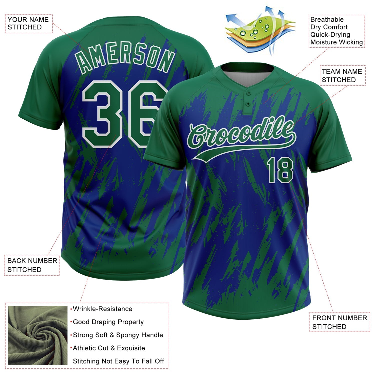 Custom Kelly Green Royal-White Splatter Torn Sharp Brush Stroke Two-Button Unisex Softball Jersey view 3