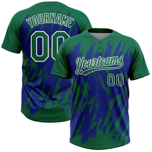 Custom Kelly Green Royal-White Splatter Torn Sharp Brush Stroke Two-Button Unisex Softball Jersey - Main View