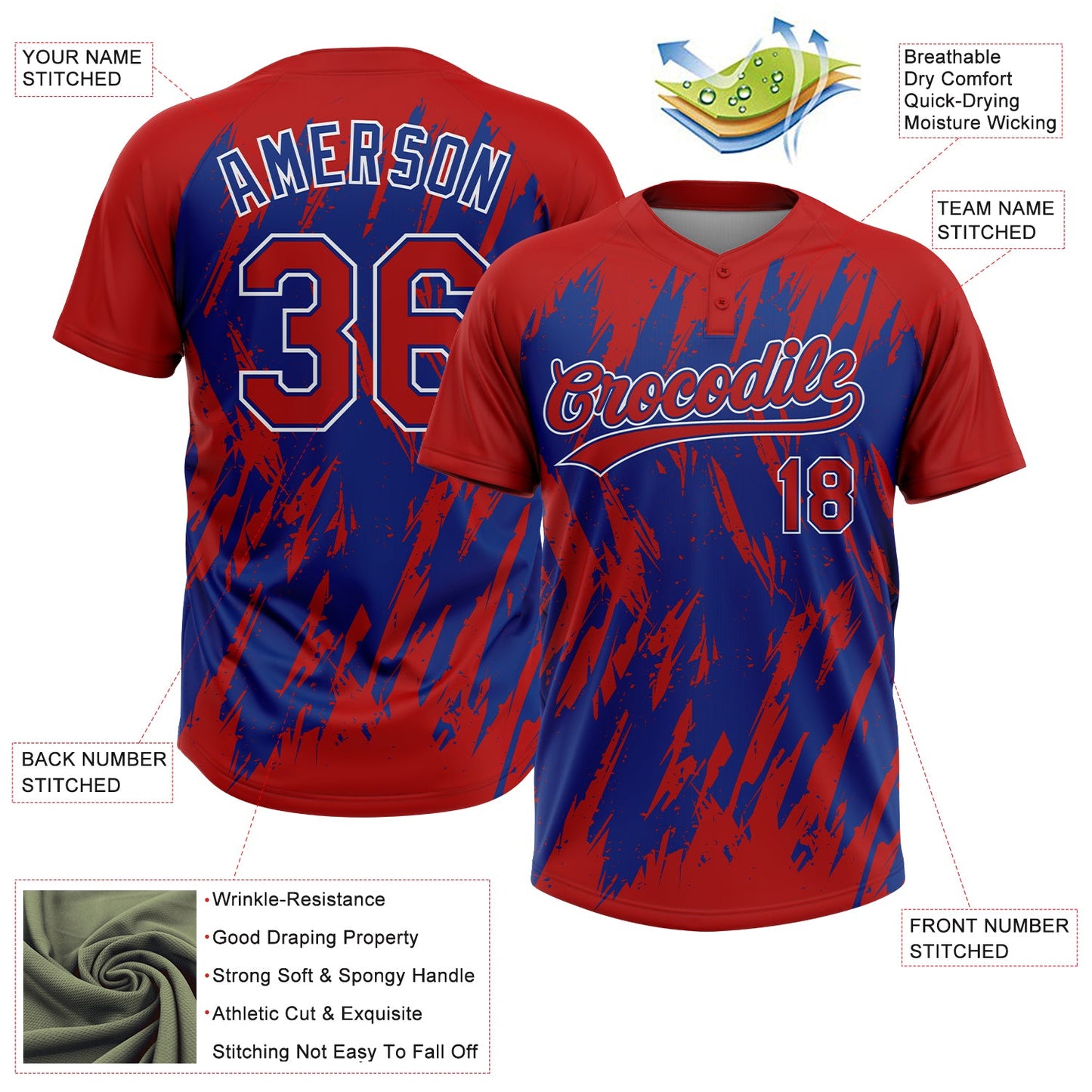 Custom Red Royal-White Splatter Torn Sharp Brush Stroke Two-Button Unisex Softball Jersey view 3