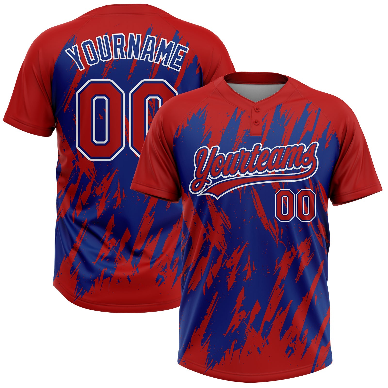 Custom Red Royal-White Splatter Torn Sharp Brush Stroke Two-Button Unisex Softball Jersey - Main View