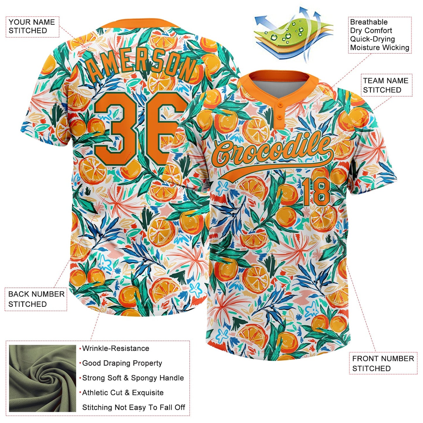 Custom White Bay Orange-Kelly Green Hawaii Fruit Orange Two-Button Unisex Softball Jersey view 3