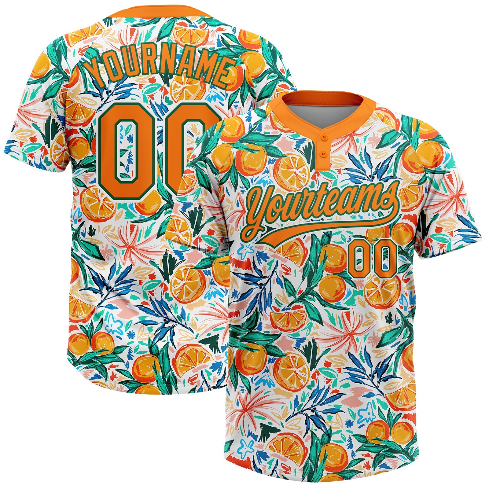 Custom White Bay Orange-Kelly Green Hawaii Fruit Orange Two-Button Unisex Softball Jersey - Main View